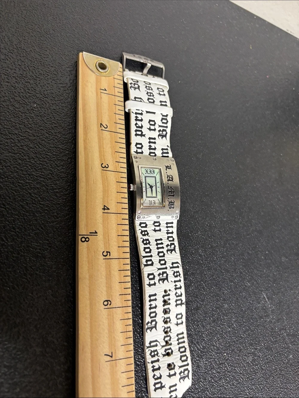 VTG L.A.M.B. Gwen Stefani Silver Tone Text Leather Strap Watch Y2K